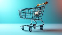 Empty metal shopping cart on gradient blue background with dramatic lighting and reflective surface. Retail and commerce concept for online stores.