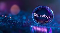 Crystal sphere with glowing technology text on dark background with purple and blue bokeh lights reflecting on wet surface creating futuristic atmosphere.