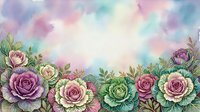 Watercolor roses in soft pastel tones of pink, purple, and cream arranged along bottom border with green foliage on white background, suitable for greeting cards and floral design projects.