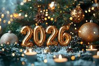 Golden 2026 number balloons with festive Christmas decorations, ornaments, and bokeh lights creating warm holiday atmosphere.