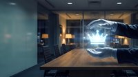 Businessman hands holding glowing crown hologram above office table, symbolizing leadership, success, and corporate power in modern workspace.