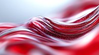 Abstract red and white flowing waves with glittering particles create dynamic motion effect against dark background, suitable for modern graphic design and backgrounds.