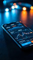 Smartphone displaying financial trading app with stock market charts and data analysis on screen with colorful bokeh lights background for investment concepts.