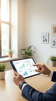 Business professional analyzing financial data and charts on tablet device in modern office workspace with natural lighting and plants.