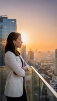 Professional businesswoman in white blazer standing on rooftop terrace overlooking city skyline at golden hour sunset, contemplating future success and career growth.