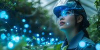Young Asian woman in protective helmet surrounded by magical glowing blue particles, perfect for technology, innovation, or future concept designs.