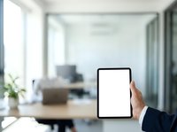 Businessman holding tablet with blank white screen in modern office workspace with natural light and contemporary furniture.
