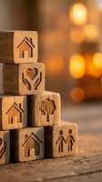 Wooden blocks with home insurance symbols stacked on rustic table with warm bokeh lights creating cozy atmosphere for financial planning concepts.