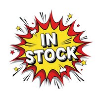 Comic book style explosion burst with IN STOCK text in bold letters surrounded by red and yellow flames with stars on white background for retail signage.