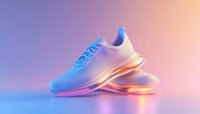 Modern athletic sneaker with glowing neon sole effect against gradient background, featuring sleek white design and futuristic illuminated details for sportswear advertising.