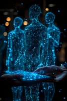 Glowing blue holographic figures emerge from digital device, created with connected dots and lines forming human silhouettes against dark background with bokeh lights.
