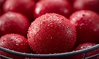 Fresh ripe red cranberries with water drops in black bowl, macro shot showing detailed texture and natural moisture on berries surface.