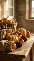 Autumn harvest display with pumpkins, gourds and seasonal produce in wicker baskets on rustic wooden table near window for fall decorating and cooking.