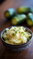 Fresh homemade sauerkraut with cucumber slices and chopped green onions served in ceramic bowl, fermented cabbage dish on wooden table with cucumbers.