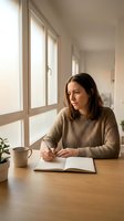 Young woman writing in notebook at wooden table by bright windows in cozy home office space with warm natural lighting for productivity and creativity.