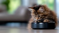 Curious Maine Coon kitten exploring robotic vacuum cleaner on wooden floor, soft focus background creates cozy home atmosphere.