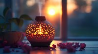Glowing ceramic lantern with intricate floral pattern casting warm light through decorative cutouts, pink rose petals scattered on windowsill at sunset creating cozy atmosphere.