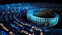 Digital circular data stream with glowing blue numbers and code forming ring pattern on dark background, representing cybersecurity and information technology concepts.
