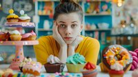 Young Caucasian woman in yellow sweater looking bored at colorful cupcakes and desserts display in bakery cafe, head resting on hands with tired expression.