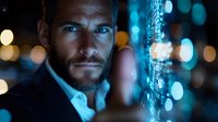 Bearded businessman analyzing digital data visualization in dark office with blue technology interface and bokeh lights. Modern corporate technology concept.