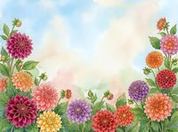 Colorful dahlia flowers frame with watercolor sky background. Floral border design for greeting cards, invitations and seasonal decorations.