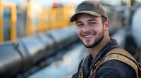 Young Caucasian male worker in cap and safety vest smiling at industrial site with pipeline infrastructure in background, representing skilled labor and energy sector.