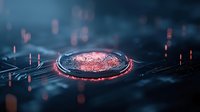 Futuristic digital fingerprint scanning technology with red glowing circle interface against dark background with data elements for security and biometric concepts.