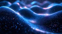 Glowing blue and pink waves flow through starry space creating magical atmosphere with sparkling particles and cosmic light trails in dark background.