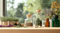 Rustic herbal medicine setup with glass apothecary jars, dried herbs, fresh plants and vintage bottles on wooden windowsill against soft natural daylight background.