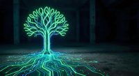 Glowing neon tree with circuit board roots on dark background. Digital technology nature concept for environmental tech, sustainability, growth metaphors.