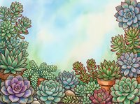 Watercolor succulent garden frame with colorful plants in terracotta pots creating decorative border on soft pastel background for botanical design projects.