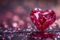 Pink crystal heart on glittery surface with soft bokeh background creates romantic atmosphere. Luxury Valentine concept with gemstone and sparkles in rose tones.