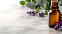 Amber glass essential oil bottle with fresh lavender flowers on white marble background, aromatherapy and wellness concept for spa treatments.