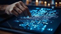Hand touching futuristic circuit board display with glowing blue technology interface in dark setting, representing digital transformation and innovation.