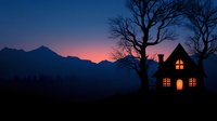 Cozy house silhouette with glowing windows at twilight against mountain landscape and bare trees creating peaceful evening atmosphere for home concepts.