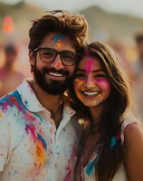Young diverse couple covered in colorful powder paint smiling at camera during festival celebration, showing joy and happiness in bright sunlight.