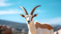 Majestic white and brown scimitar-horned oryx against blurred desert landscape and blue sky background, close-up portrait showcasing distinctive curved horns and facial features.