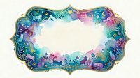 Ornate decorative frame with vibrant watercolor floral border in teal, purple and pink hues. Elegant vintage-style label with gold accents for invitations and design.