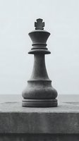 Black and white close-up of chess king piece standing alone on concrete surface against misty background, dramatic minimalist composition showing power and leadership.