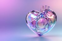 Glass heart-shaped vessel with anatomical arteries inside on holographic gradient background with soft purple and pink tones, medical concept art.