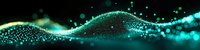 Abstract glowing turquoise and gold particles flowing in dark space creating dynamic wave pattern with sparkling light effects and bokeh elements.