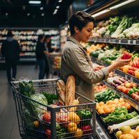 Young Asian woman shopping for fresh vegetables and fruits in modern grocery store produce section with shopping cart full of healthy food items.