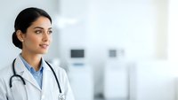 Young female doctor with stethoscope smiling confidently in modern medical office setting for healthcare and professional medical services.