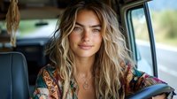 Young woman with wavy blonde hair and natural makeup smiling while sitting in driver's seat, wearing bohemian style top. Casual lifestyle portrait in car interior.