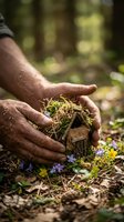 Hands gently protecting small wooden house covered with moss and surrounded by tiny purple flowers in forest setting symbolizing environmental care.