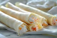 Fresh crab and cream cheese rolls wrapped in thin white cheese slices arranged on light fabric, macro food photography showing filling texture and layers.