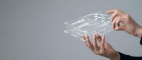 Businessman hands holding transparent digital interface with data analytics charts and graphs for modern technology solutions.