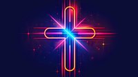 Glowing neon cross in vibrant pink and blue colors with light rays and sparkles on dark background, religious symbol with modern futuristic aesthetic design.