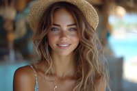 Young Caucasian woman with wavy brown hair and bright blue eyes wearing straw hat and summer dress smiles warmly at camera against blurred tropical background.