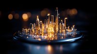 Glowing miniature city skyline with illuminated skyscrapers on dark reflective surface against blurred bokeh background creates futuristic urban atmosphere.